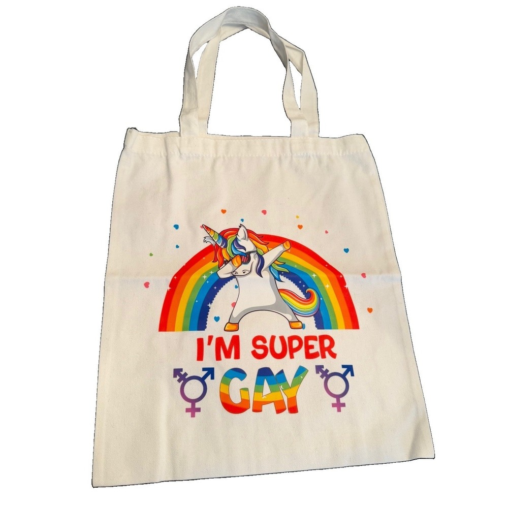 I'm Super Gay, Canvas Tote Bag Cloth Shopping Bag LGBTQ+ Rainbow & Unicorn NEW